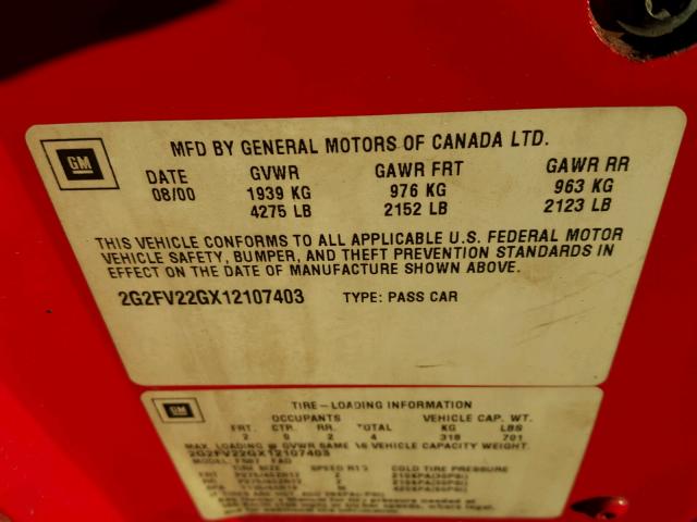 2G2FV22GX12107403 - 2001 PONTIAC FIREBIRD F RED photo 10