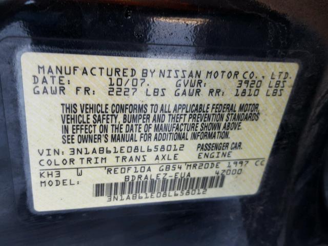 3N1AB61E08L658012 - 2008 NISSAN SENTRA 2.0 BLACK photo 10