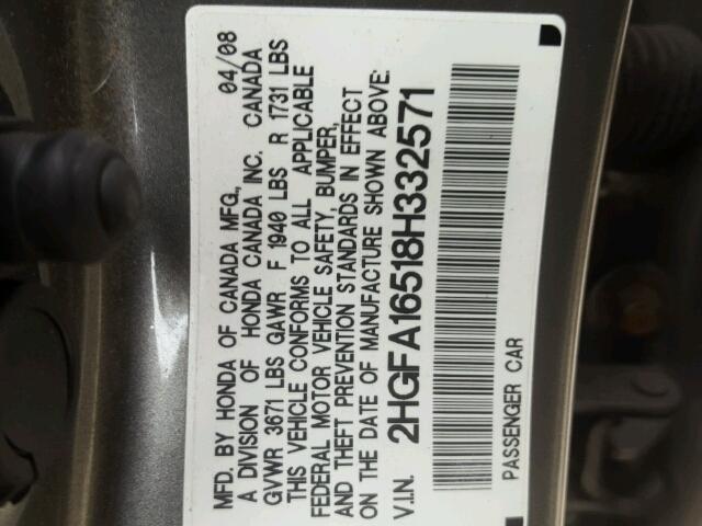 2HGFA16518H332571 - 2008 HONDA CIVIC LX GRAY photo 10