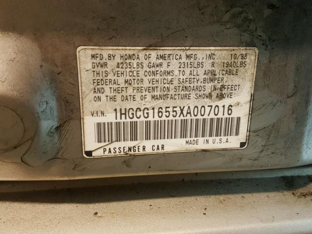 1HGCG1655XA007016 - 1999 HONDA ACCORD EX GRAY photo 10