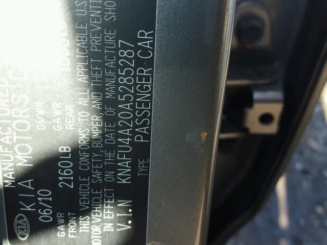 KNAFU4A20A5285287 - 2010 KIA FORTE EX GRAY photo 10