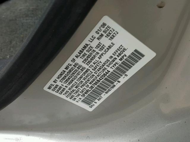 5FNRL38786B420844 - 2006 HONDA ODYSSEY EX GRAY photo 10