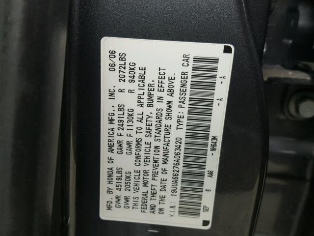 19UUA66276A063420 - 2006 ACURA 3.2TL GRAY photo 10