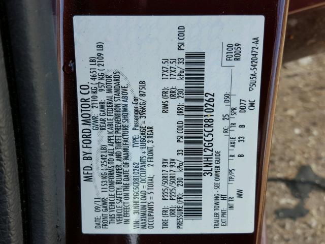 3LNHL2GC5CR810262 - 2012 LINCOLN MKZ BROWN photo 10