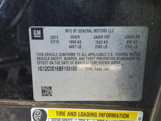 1G1ZC5E16BF139166 - 2011 CHEVROLET MALIBU 1LT CHARCOAL photo 10