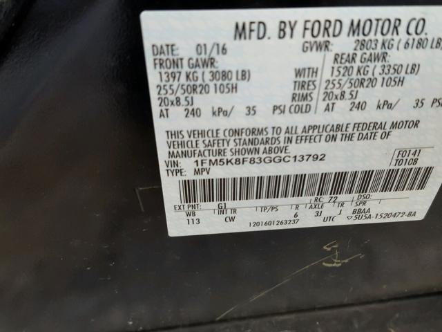 1FM5K8F83GGC13792 - 2016 FORD EXPLORER L BLACK photo 10