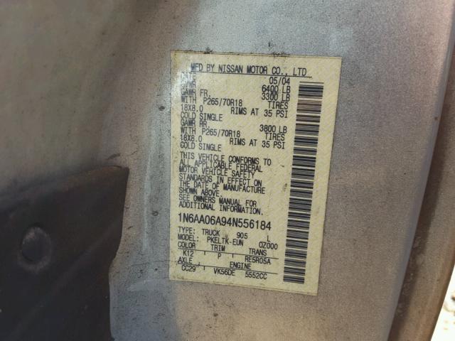 1N6AA06A94N556184 - 2004 NISSAN TITAN XE SILVER photo 10