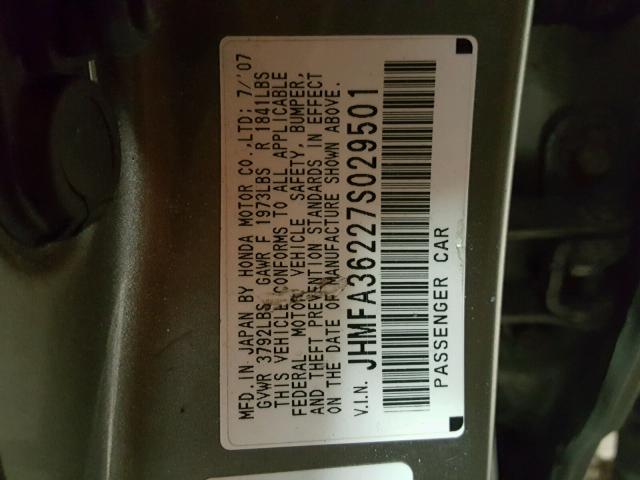 JHMFA36227S029501 - 2007 HONDA CIVIC HYBR GRAY photo 10