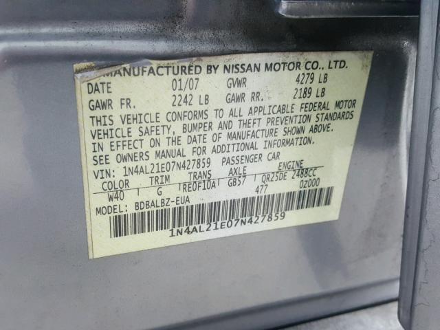 1N4AL21E07N427859 - 2007 NISSAN ALTIMA 2.5 GRAY photo 10