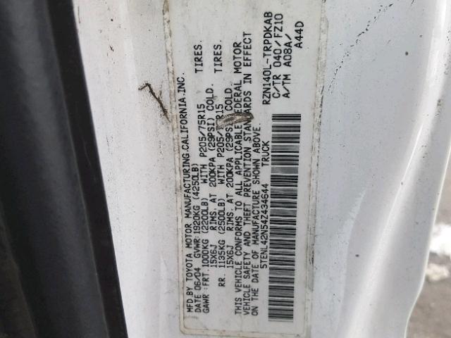 5TENL42N54Z434644 - 2004 TOYOTA TACOMA WHITE photo 10