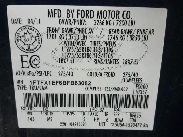 1FTFX1EF6BFB63082 - 2011 FORD F150 SUPER BLUE photo 10