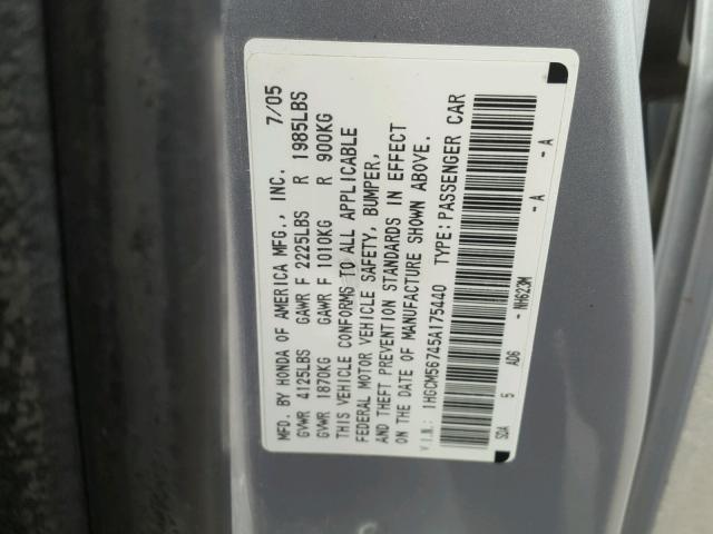 1HGCM56745A175440 - 2005 HONDA ACCORD EX SILVER photo 10