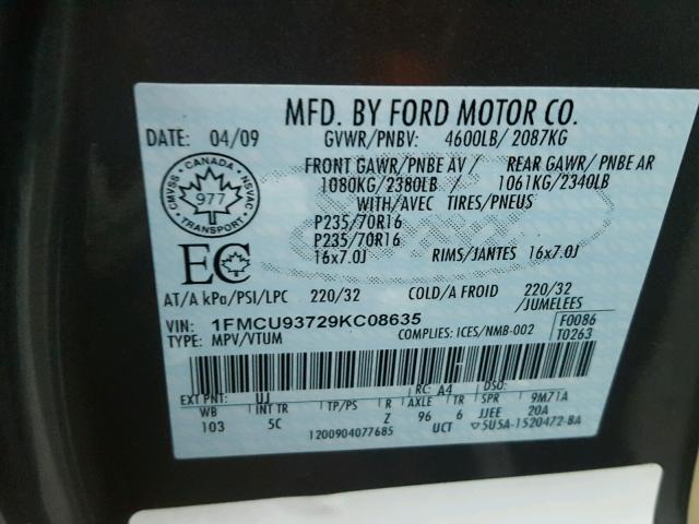 1FMCU93729KC08635 - 2009 FORD ESCAPE XLT GRAY photo 10