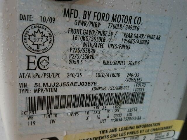 5LMJJ2J55AEJ03676 - 2010 LINCOLN NAVIGATOR თეთრი ფოტო 10