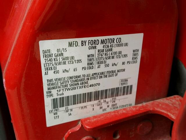 1FT7W2BTXFEC49370 - 2015 FORD F250 SUPER RED photo 10