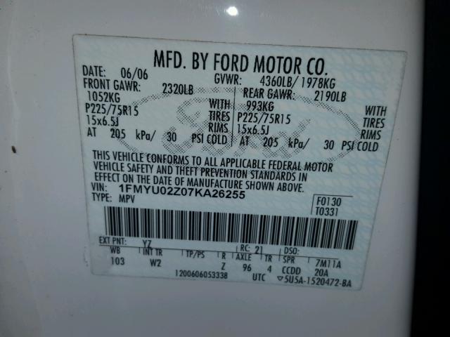 1FMYU02Z07KA26255 - 2007 FORD ESCAPE XLS WHITE photo 10