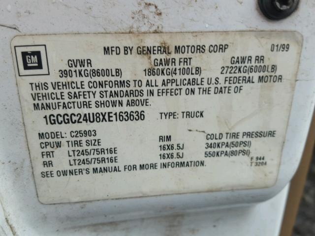 1GCGC24U8XE163636 - 1999 CHEVROLET SILVERADO WHITE photo 10