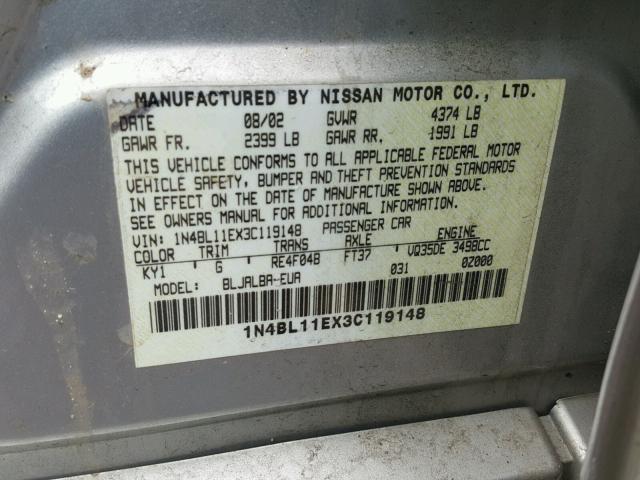 1N4BL11EX3C119148 - 2003 NISSAN ALTIMA SE SILVER photo 10