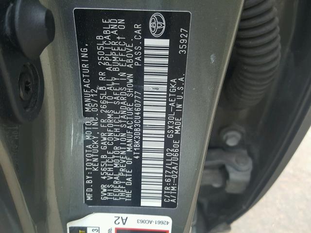 4T1BK3DB3CU460777 - 2012 TOYOTA AVALON BAS GRAY photo 10