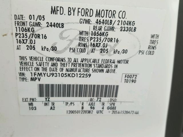 1FMYU93105KD12259 - 2005 FORD ESCAPE XLT WHITE photo 10