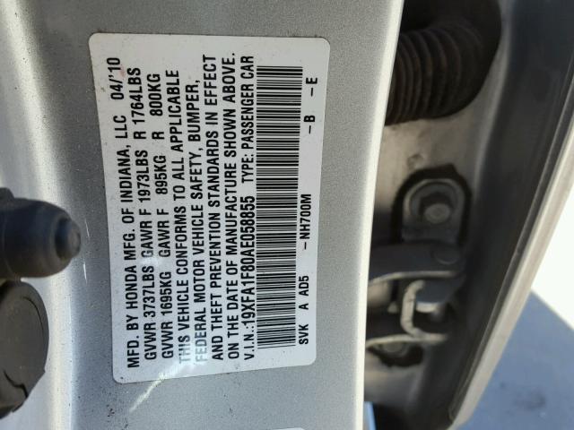 19XFA1F80AE058855 - 2010 HONDA CIVIC EX Արծաթագույն լուսանկար 10