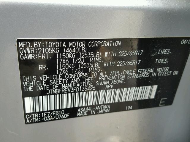 JTMBFREV3FD135426 - 2015 TOYOTA RAV4 LE SILVER photo 10