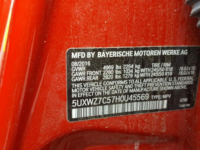 5UXWZ7C57H0U45569 - 2017 BMW X3 SDRIVE2 RED photo 10