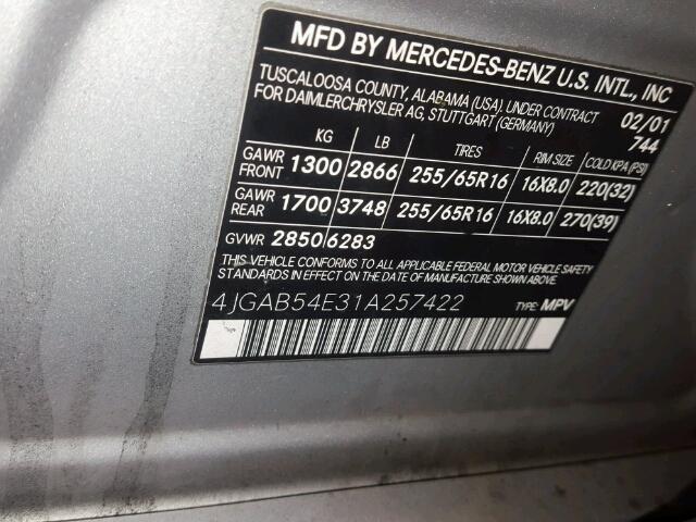 4JGAB54E31A257422 - 2001 MERCEDES-BENZ ML 320 SILVER photo 10