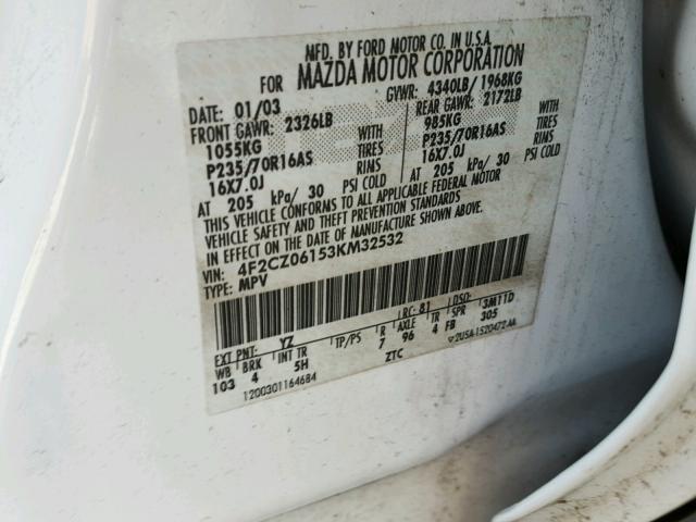 4F2CZ06153KM32532 - 2003 MAZDA TRIBUTE ES WHITE photo 10