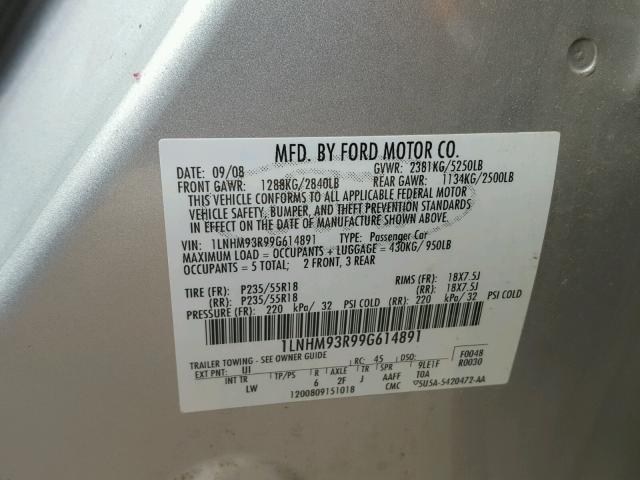 1LNHM93R99G614891 - 2009 LINCOLN MKS SILVER photo 10