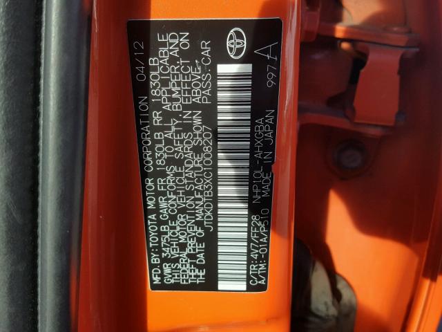 JTDKDTB3XC1008207 - 2012 TOYOTA PRIUS C ORANGE photo 10