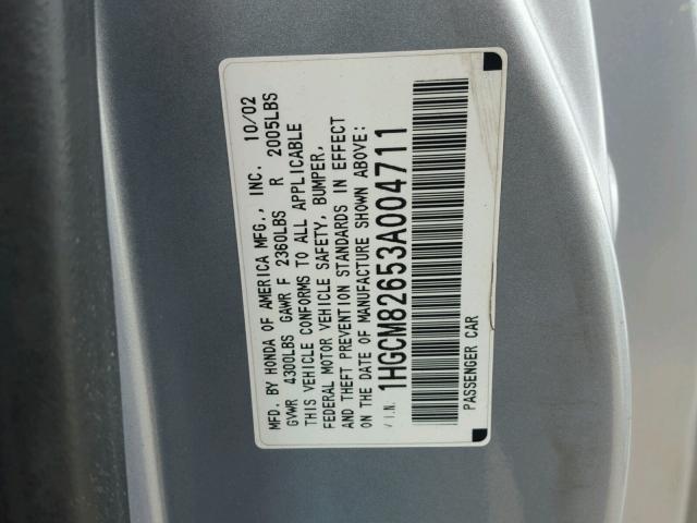 1HGCM82653A004711 - 2003 HONDA ACCORD EX SILVER photo 10