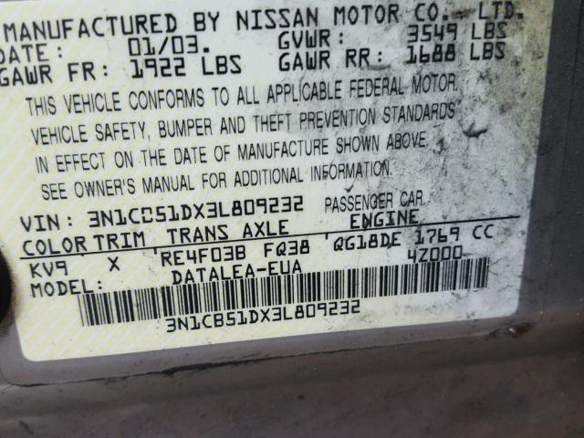 3N1CB51DX3L809232 - 2003 NISSAN SENTRA XE GRAY photo 10