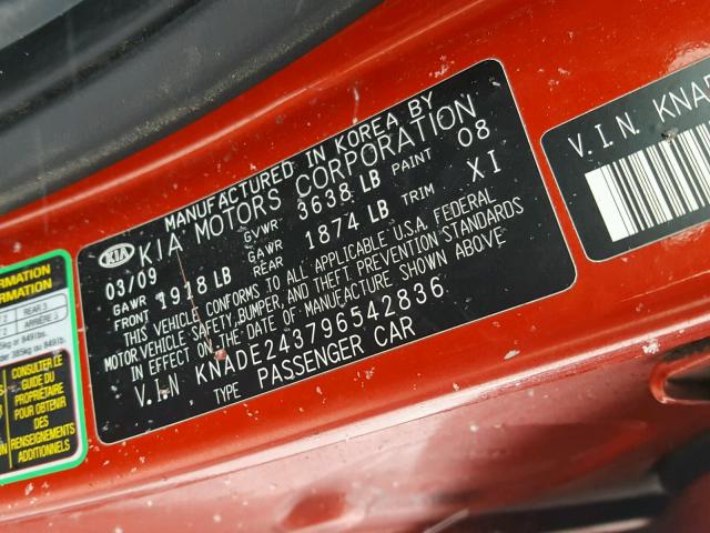 KNADE243796542836 - 2009 KIA RIO 5 SX RED photo 10