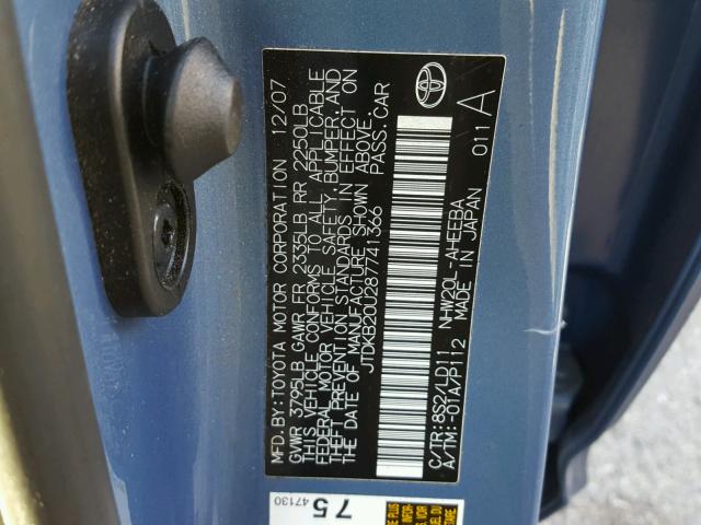 JTDKB20U287741366 - 2008 TOYOTA PRIUS BLUE photo 10