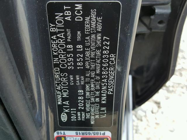 KNADN5A38C6038227 - 2012 KIA RIO EX GRAY photo 10