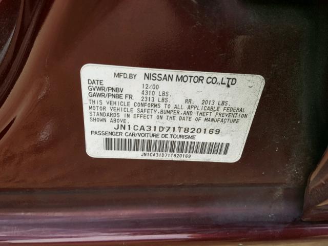 JN1CA31D71T820169 - 2001 NISSAN MAXIMA GXE BURGUNDY photo 10