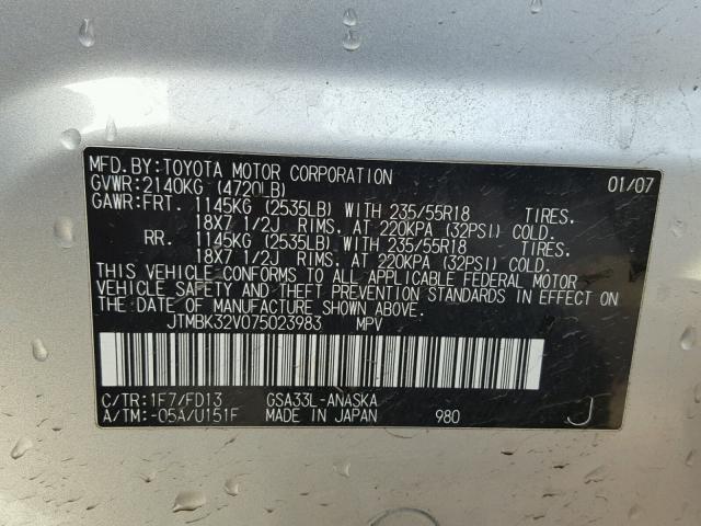 JTMBK32V075023983 - 2007 TOYOTA RAV4 SPORT SILVER photo 10