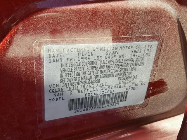 3N1AB7AP4GL640229 - 2016 NISSAN SENTRA S RED photo 10