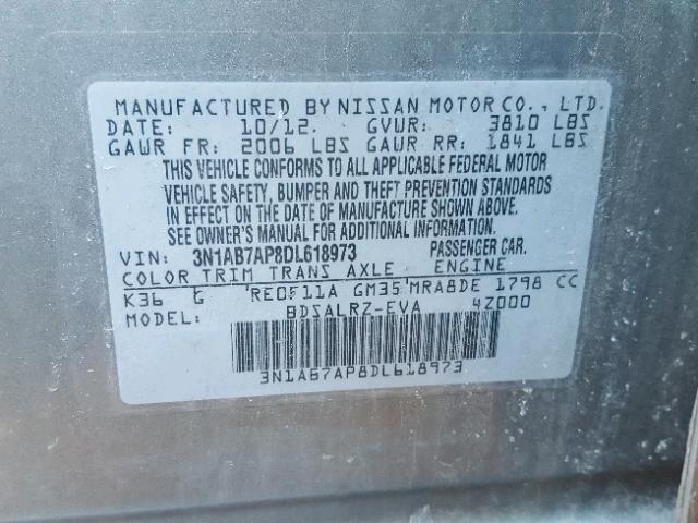 3N1AB7AP8DL618973 - 2013 NISSAN SENTRA S SILVER photo 10