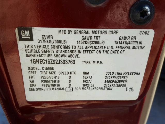 1GNEC16Z92J333763 - 2002 CHEVROLET SUBURBAN C MAROON photo 10