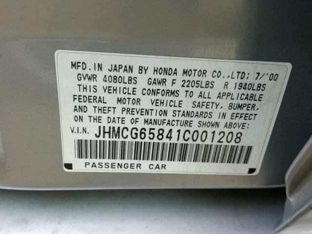 JHMCG65841C001208 - 2001 HONDA ACCORD EX SILVER photo 10