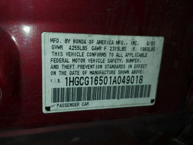 1HGCG16501A049018 - 2001 HONDA ACCORD EX RED photo 10