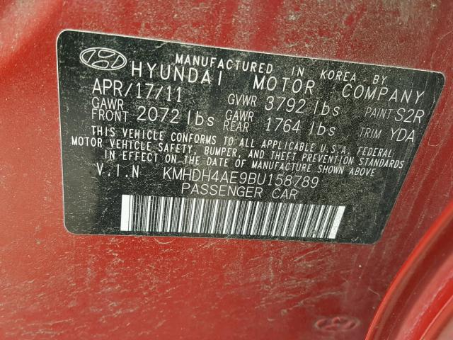 KMHDH4AE9BU158789 - 2011 HYUNDAI ELANTRA GL RED photo 10