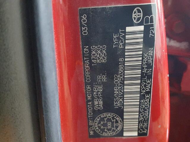 JTDKT923775038818 - 2007 TOYOTA YARIS RED photo 10