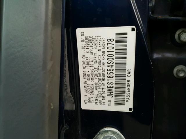 JHMES16554S001078 - 2004 HONDA CIVIC LX BLUE photo 10