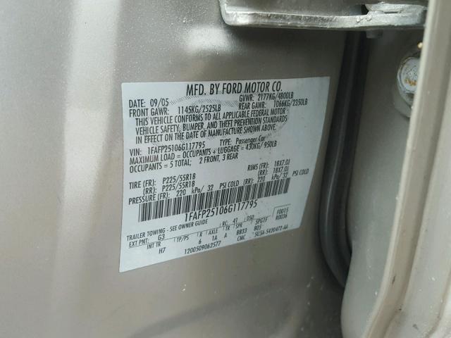 1FAFP25106G117795 - 2006 FORD FIVE HUNDR BEIGE photo 10