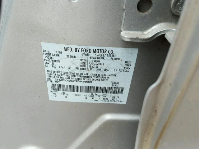 2FMDK49C89BA46909 - 2009 FORD EDGE LIMIT SILVER photo 10