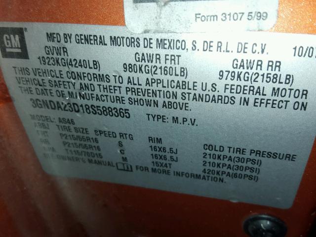 3GNDA23D18S588365 - 2008 CHEVROLET HHR LT ORANGE photo 10