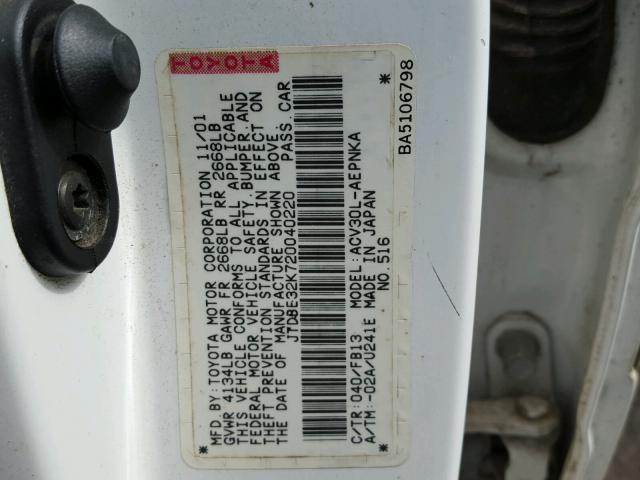 JTDBE32K720040220 - 2002 TOYOTA CAMRY LE WHITE photo 10